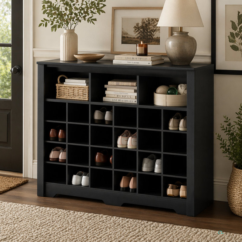 Console élégante à 24 casiers, armoire à chaussures moderne avec base incurvée, buffet polyvalent de haute qualité pour le couloir, la chambre à coucher et le salon