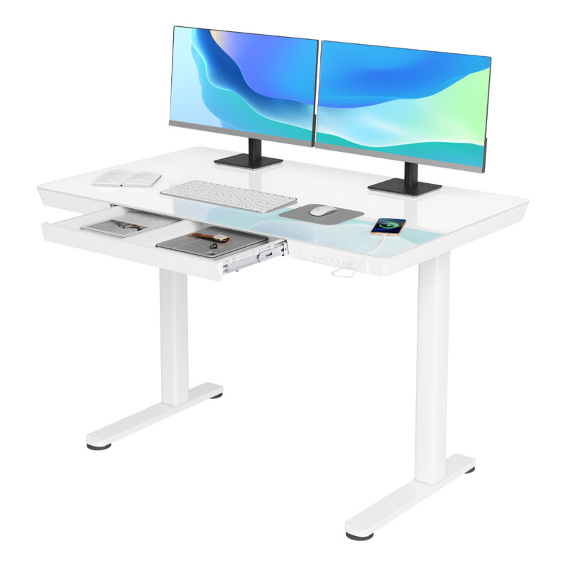 Tempered Glass Top Height Adjustable Standing Desk, Computer Desk with Drawer and USB Charge, White, 46.5" H x 48" W x 24" D