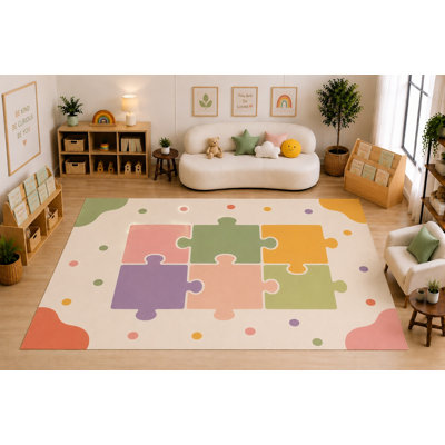 "Ultra Light Weight" Large 6'7" x 9'10" Colorful Puzzle Pieces Area Rug for Kids Room, Classroom, Bedroom, Playroom Decor, Soft Low Pile Indoor Rug with Non-Slip Silicone Backing, Cream Multicolor