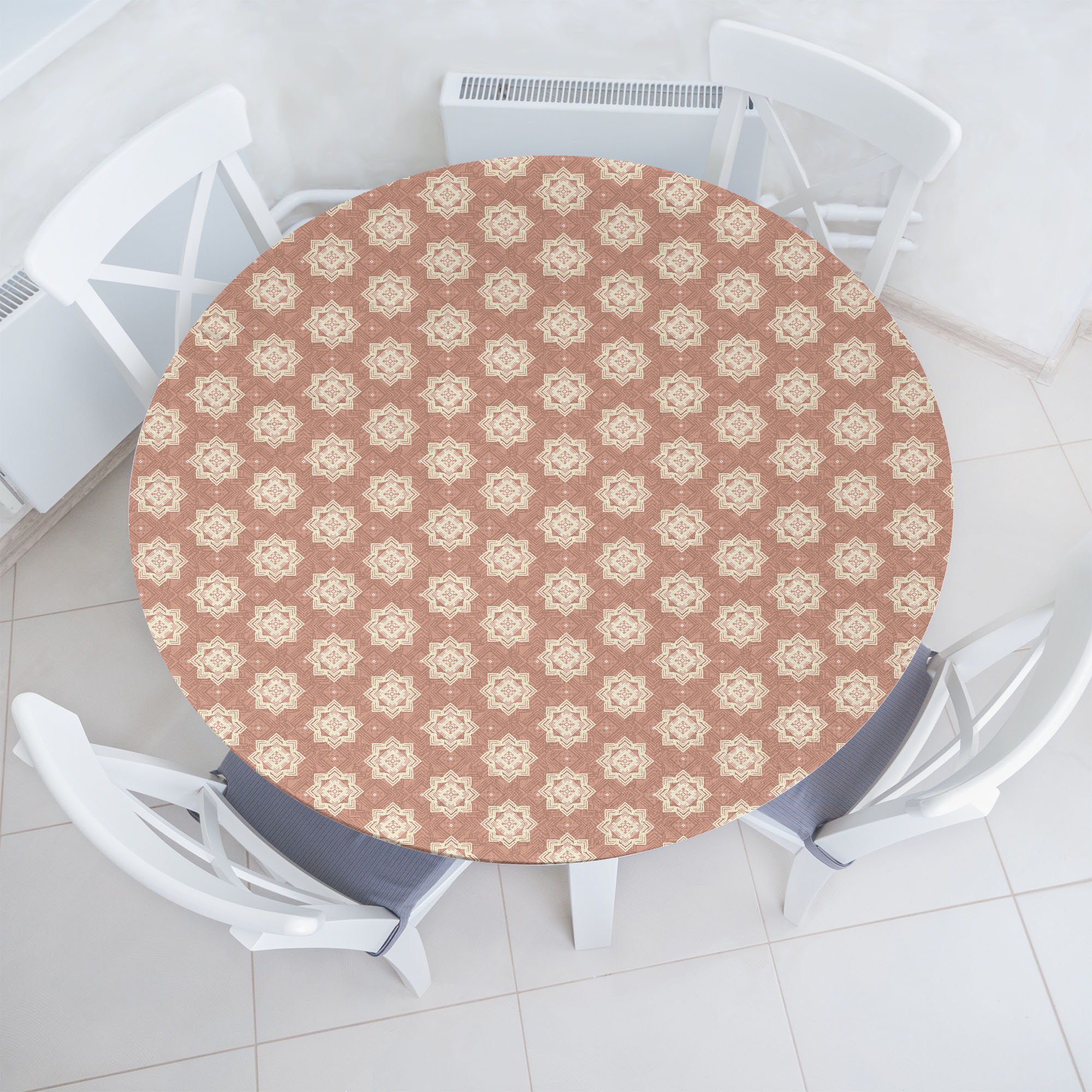 Ebern Designs Retro Fitted Round Tablecloth Pale Rust Cream and ...