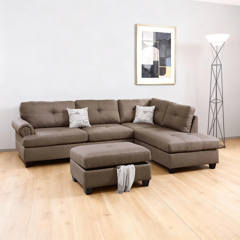 Canapé modulaire réversible 3 pièces avec repose-pieds de rangement et accoudoirs classiques