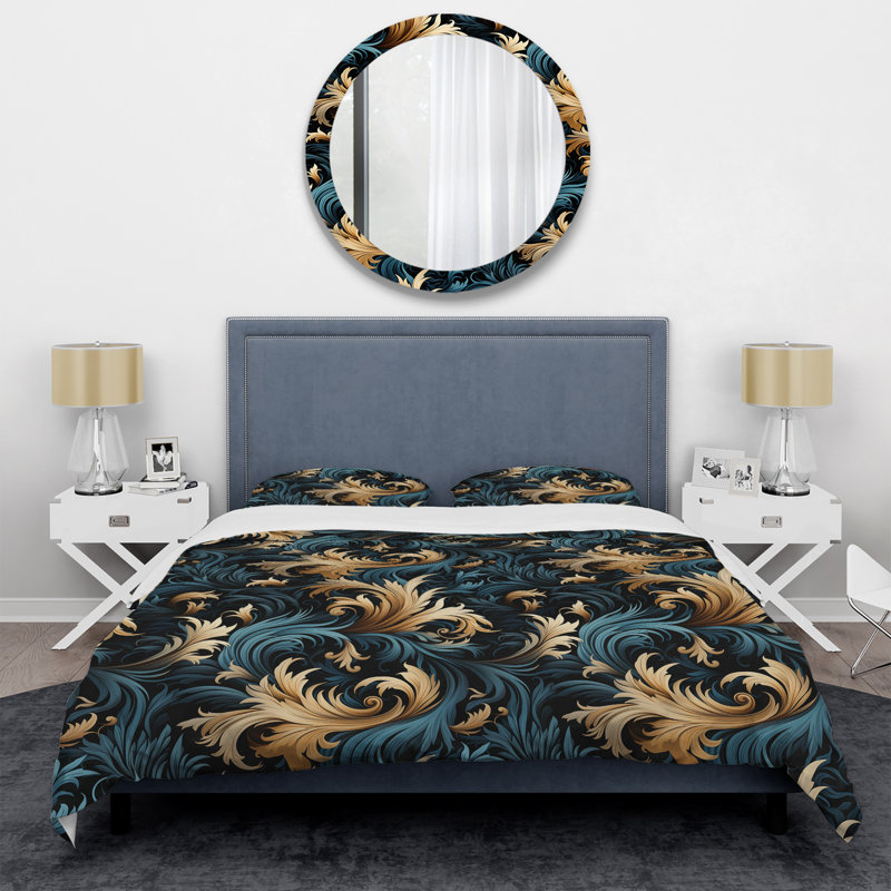 Ensemble de housse de couette damassé noire et dorée, Housse de couette pour grand lit et 2 taies décor