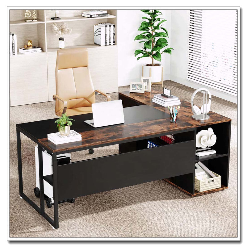 Bureau de direction en L avec tablettes d'armoire de rangement et support d'imprimante, Brun / Noir