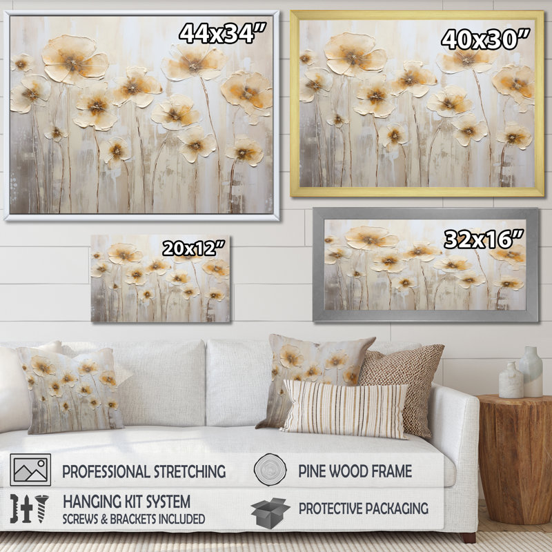 Buttercups Fields On Gray IV sur toile, H 12 po x l 20 po x P 1 po, Cadre flottant blanc