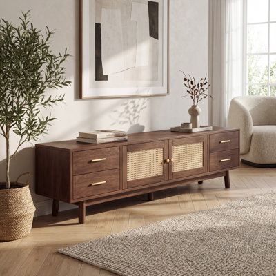 Modern TV Stand Fits Up To 80 Inch Screens, Rattan Door Media Console With 4 Spacious Drawers, Built-In Cable Management Holes