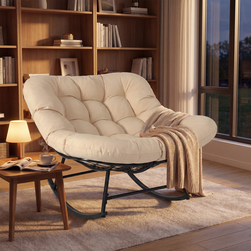 Chaise berçante moderne en osier moderne avec coussin ergonomique épais et base en acier robuste (kaki), Beige