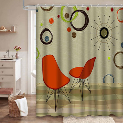 Waterproof Orange Modern Home Retro Clock Shower Curtain with 12 Hooks