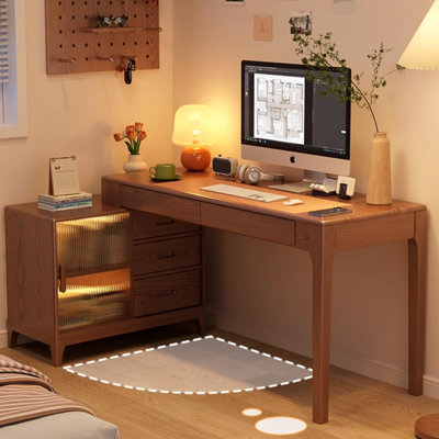 Solid Wood L - Shaped Desk with Integrated Storage Cabinet