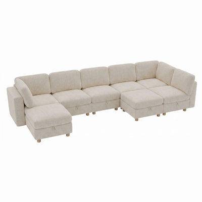 Modern 132" Modular Sectional Sofa With Movable Ottoman & Hidden Storage
