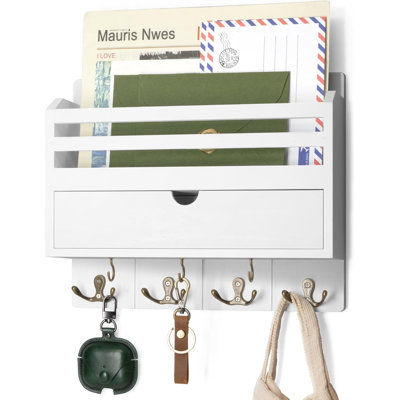  Pine Wood Mail and Key Organizer for Wall – Farmhouse Mail Organizer Wall Mounted with 7 Sturdy Hooks & Drawer Storage – Apartment Essentials for Stylish Home Decor (Green)