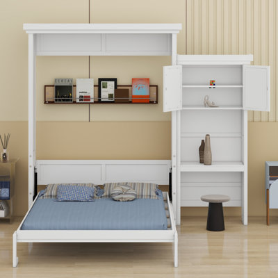 Lit escamotable avec plusieurs tablettes de rangement et décoration à persiennes