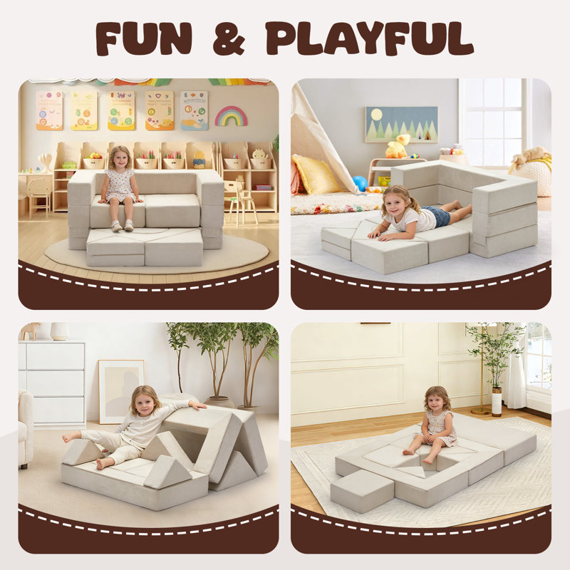 Kids and Toddler Play Couch, Convertible Folding Sofa,10 in 1 Multifunctional Modular Kids Sofa for Playing, Creativing, Sleeping