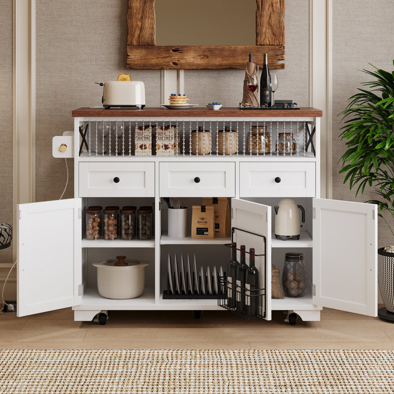 K&K 46.5'' Farmhouse Kitchen Island With Drape Of Beads, Power Outlet, Rolling Kitchen Cart On Wheels With Drop Leaf, 3 Doors , 3 Drawers And Internal Iron Shelf, For Kitchen, Dining Room, White