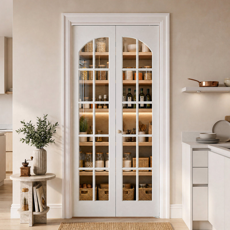 Porte pliante cintrée de 30 po x 80 po à 10 carreaux en verre trempé transparent, âme pleine et finition blanche à base d'eau, idéale pour le placard, le garde-manger et la buanderie. Quincaillerie incluse.