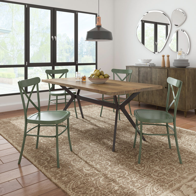 Ensemble de table de salle à manger et de chaises en métal à dossier en X de 70 po Devan, Brun, Vert