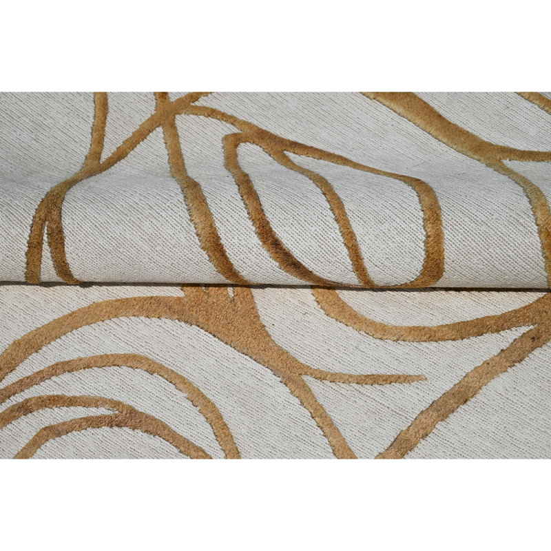 Hand Knotted Linen Abstract Area Rug in White/Beige, Rectangle 6' x 9'