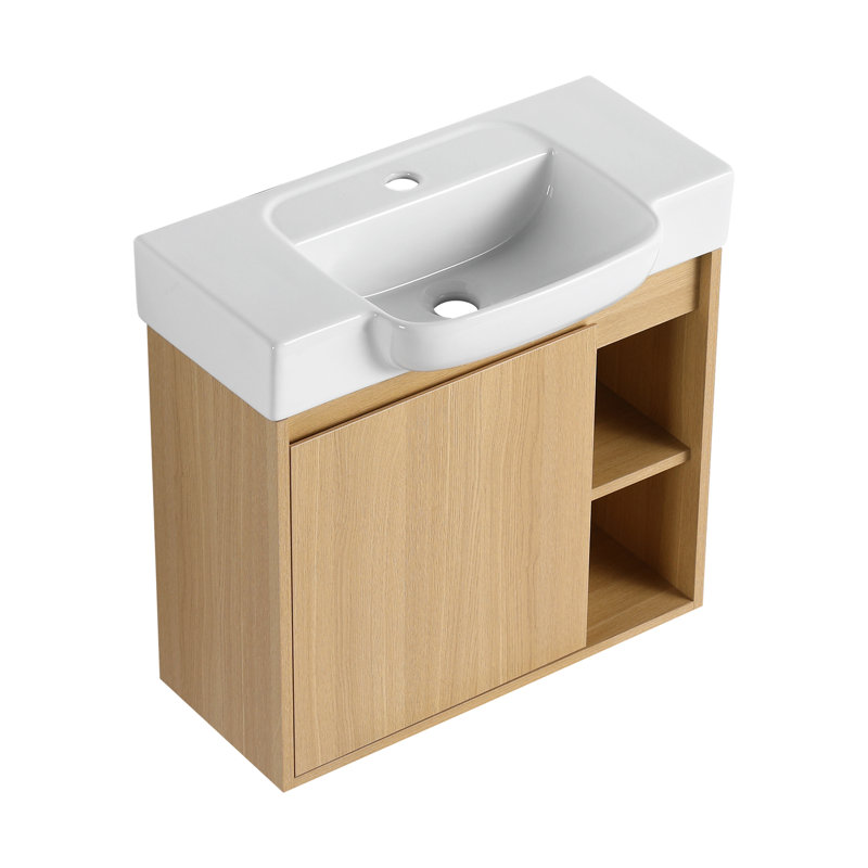 Meuble-lavabo mural 24 po avec lavabo en céramique blanche et porte à fermeture en douceur, emballage KD, chêne clair, 24"