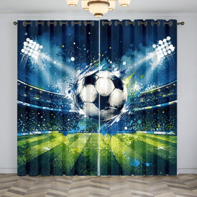 2 pièces rideaux occultants au stade de football, rideaux de fenêtre Vivid Action Action, peinture artistique Splash, panneaux bloquant le soleil pour le salon, la chambre à coucher, la décoration de la Coupe du monde de soccer