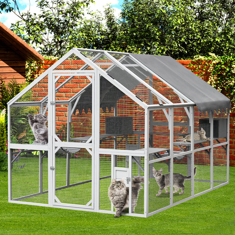 Parc extérieur pour chat - 74,56 po Largeur, avec des maisons de couchage et 2 boîtiers de pont bleu + gris, grandes plateformes de chaton de 110 po, étanches et spacieuses