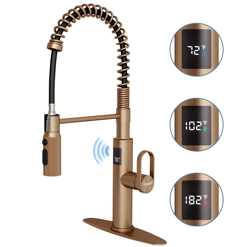 MASO Touchless Spring Kitchen Faucet with Pull-Down Sprayer, Fahrenheit Temperature Display, 3 Spray Modes, 360° Swivel, Single Handle for RV, Farmhouse, Camper, Laundry & Bar, Brushed Rose Gold