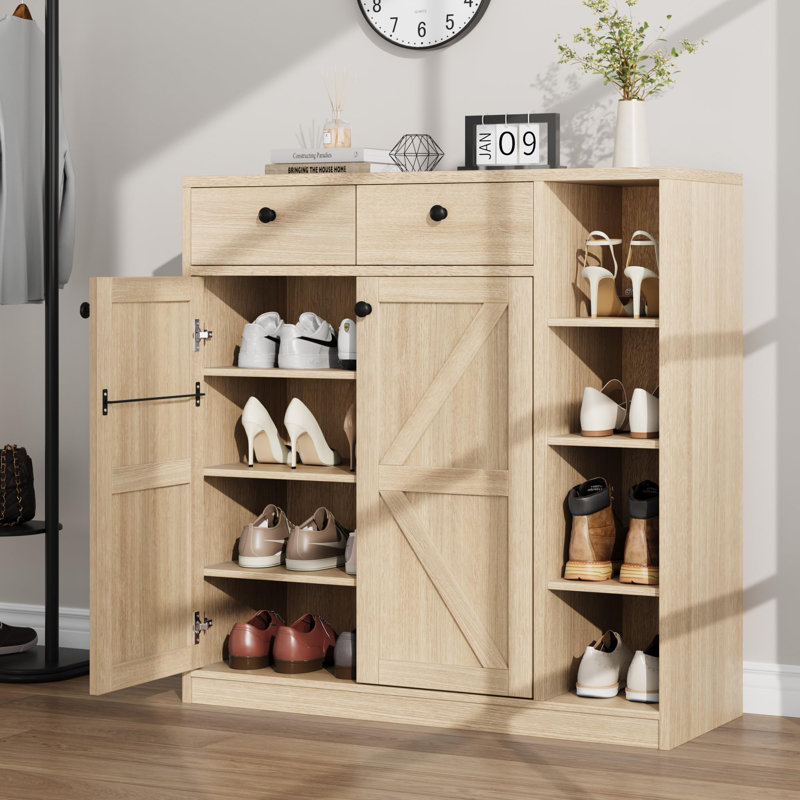 Armoire à chaussures avec portes de grange et tiroirs, armoire de rangement de 42 po de hauteur avec tablettes réglables pour le vestibule