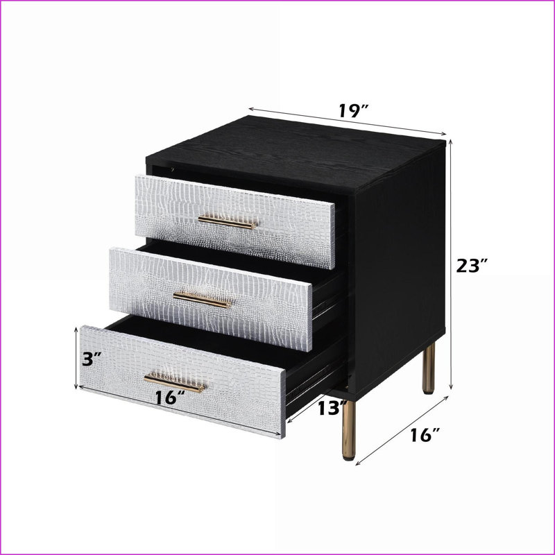 Table de chevet moderne à 3 tiroirs Myles avec finition noire / argent / or