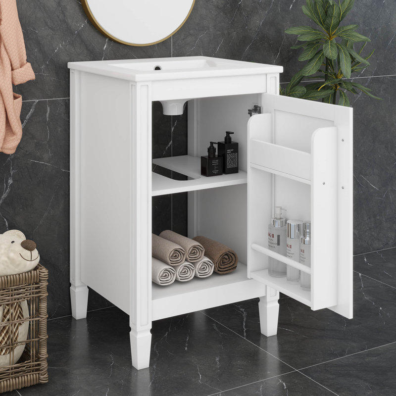 Meuble-lavabo de 20 po avec lavabo en céramique, tablette ajustable en U, support de porte, meuble-lavabo étroit, Blanc