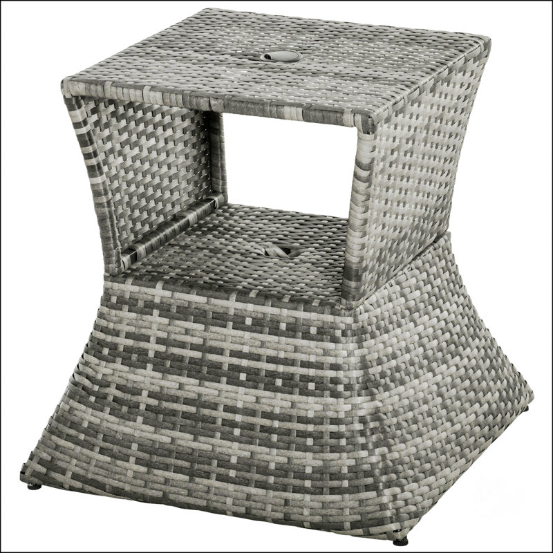 Durable Outsunny Rattan Wicker Side Table With Umbrella Hole And 2-Tier Storage For All-Weather Outdoor Use, Mixed Grey, Gray