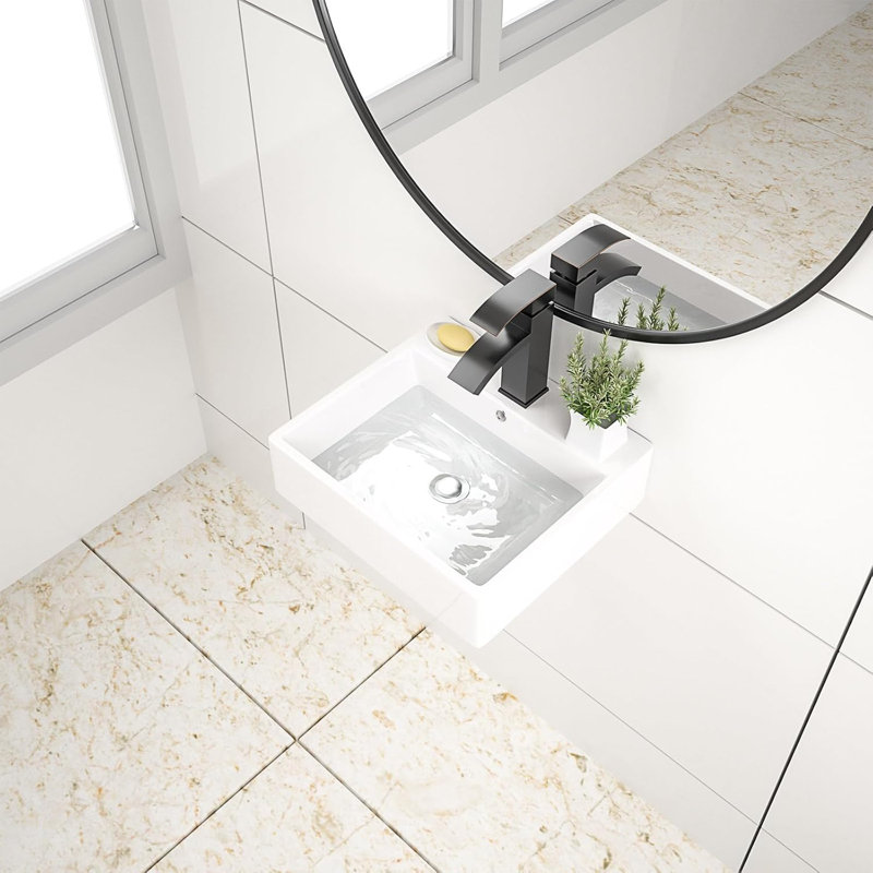 Lavabo de salle de bain mural moderne en céramique rectangulaire avec finition ultrabrillante et trou de trop-plein