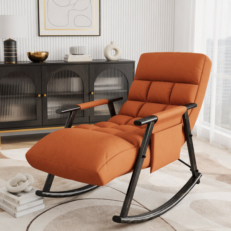 Chaise longue berçante pliante avec dossier réglable, repose-pieds et poches latérales, Orange