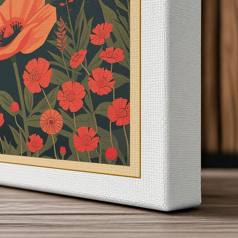 Red Sun Over Poppies Japandi - Wrapped Canvas, 36x24 - 91.4 x 61.0 cm, White Border