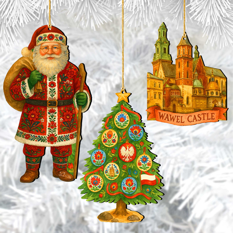 Ensemble de 3 décorations de Noël en bois d'inspiration polaire de père Noël par D. Debrekht