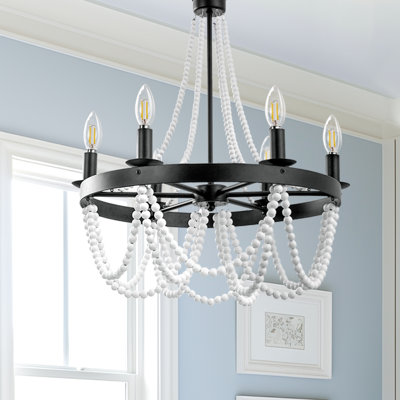 6-Light Matte Black Transitional Chandelier With White Wood Beads, E12 Base, No Bulbs Included -  Bungalow Rose, 60FBA58DF06E4DFCAE4860CDE6B28DCC