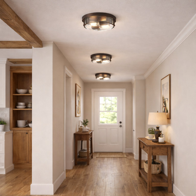 12 Inch 2-Light Flush Mount Ceiling Light With Seeded Glass, Oil Rubbed Bronze, Seeded Glass