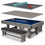Hathaway Logan 7 Foot Pool Table Combo – 3 in 1 Game Table with Reversible Table Tennis & Dining Top - Includes Game Accessories & Two Benches – Chrome-Plated Corners, Rustic Gray Finish, Blue Felt
