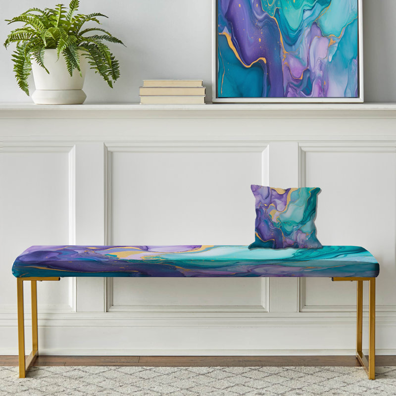 Turquoise et mauve liquide Art II - banc abstrait en tissu doré moderne
