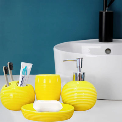 Ensemble d'accessoires de salle de bain en céramique jaune 4 pièces avec porte-brosse à dents, distributeur de lotion, savon, tasse