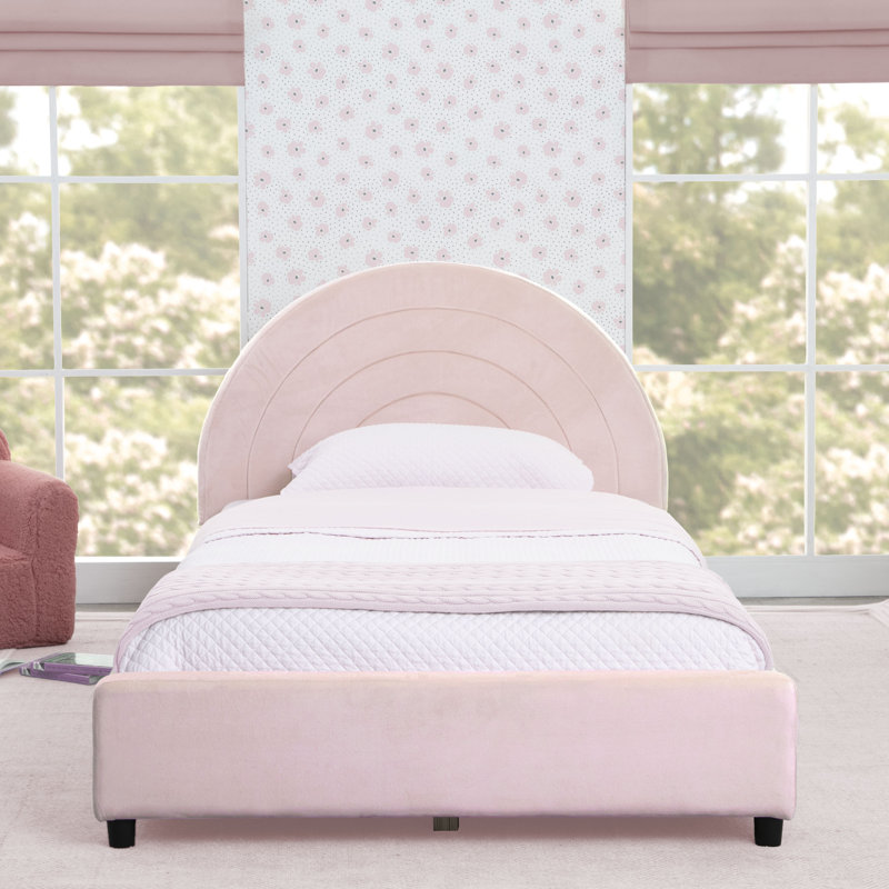 Delta Children Upholstered Twin Size Bed With Round Headboard, Premium Wood Slat Support, No Box Spring Needed, Easy Assembly, Pink/Velvet Quilted