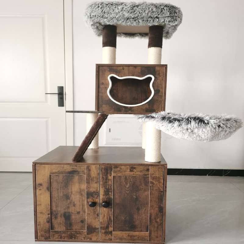 2-in-1 Modern Cat Tree with Litter Box Enclosure - Large Wooden Hidden Litter Box Furniture for Indoor Cats, with Plush Perch, Condo, Hammock, Cave & Sisal Scratching Post, Cat Tower