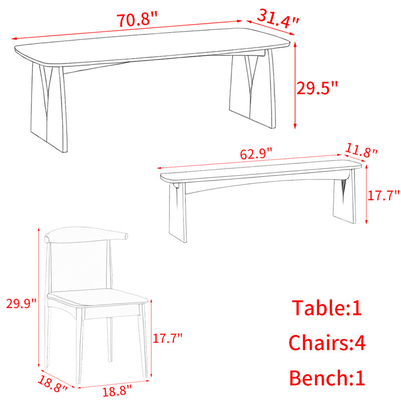 Creative Japanese style solid wood table set, 29.5"H x 70.8"L x 31.4"W