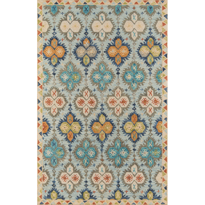 Tapis bleu / or / rouge en laine touffetée à la main Dalas, Rectangle 7 pi 6 po x 9 pi 6 po