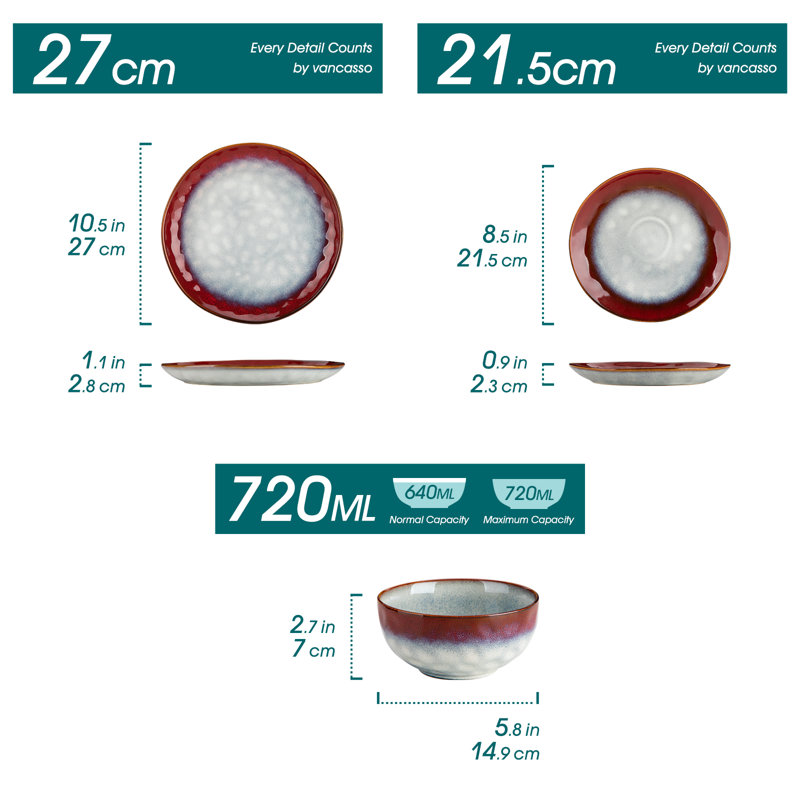 12 Pieces Dinnerware Set, Dinner Plate, Dessert Plate And Bowl Set For 4 Person, Ceramic Dinnerware, Red