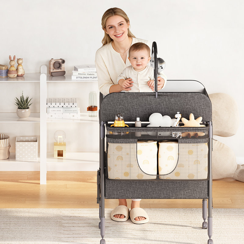 Table à langer pliable réglable en hauteur avec roulettes et tiroirs de rangement, Gray