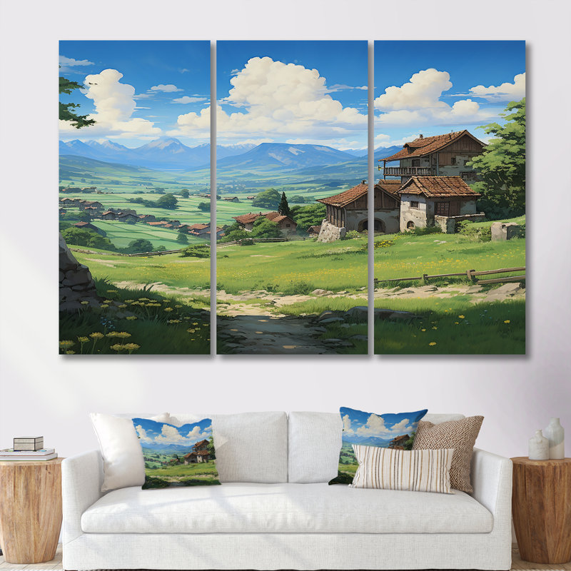 Maison de campagne dans un champ vert, ciel bleu - ensemble de salon d'art mural paysage, Toile tendue