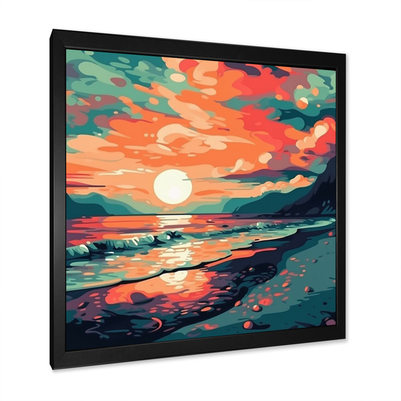 Coucher de soleil sur la plage, couleurs rétro expressives sur toile, H 16 po x l 16 po x P 1 po, Cadre simple noir