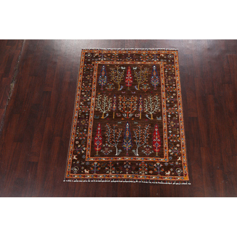 Tapis brun en laine noué à la main de conception unique 4 pi 9 po x 6 pi 2 po New Age