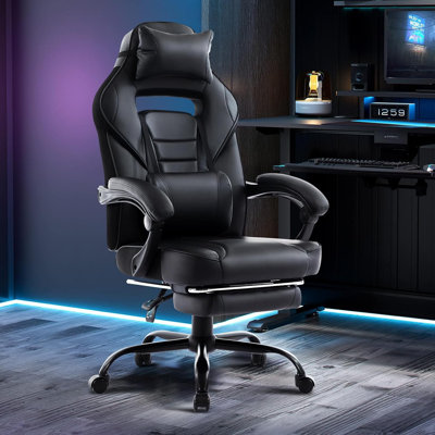 360° Swivel Height Adjustable Gaming Chair with Retractable Footrest & Ergonomic Lumbar High Back PU Leather Computer Chair with Headrest for Office