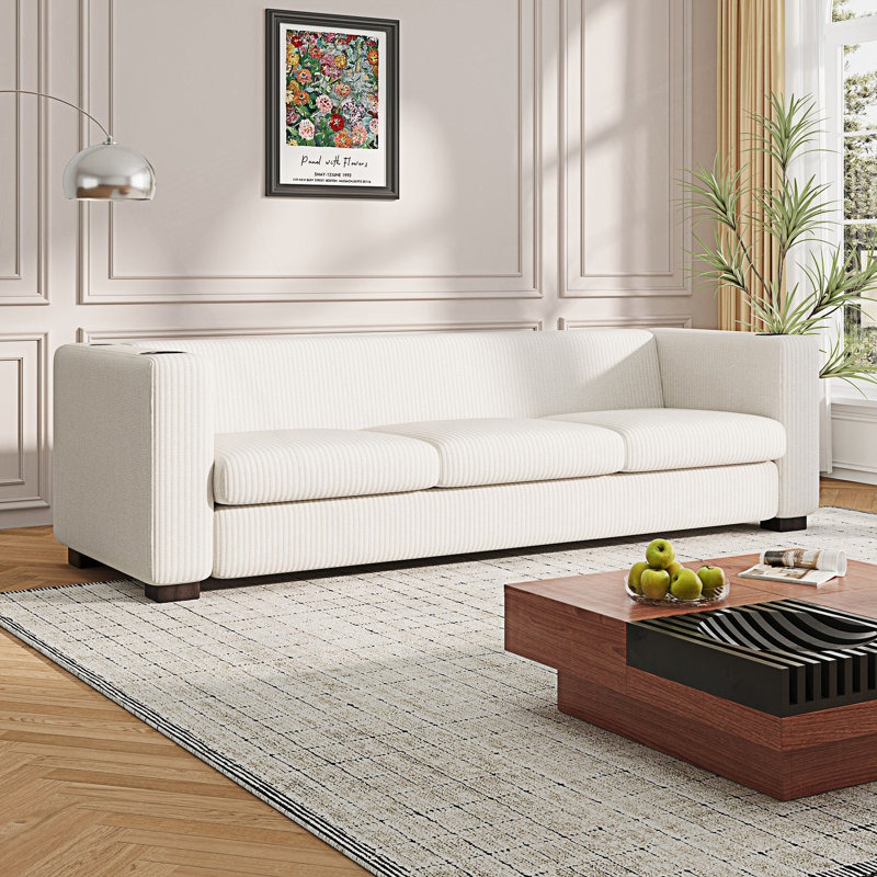 Canapé 3 places de conception contemporaine avec 2 ports USB et deux porte-gobelets, Beige