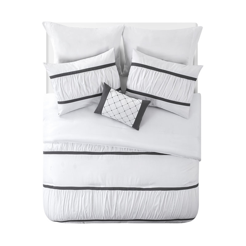 Trisha Ruched Stripes Bed-in-a-Bag Comforter Set, Queen Comforter + 7 Additional Pieces, White