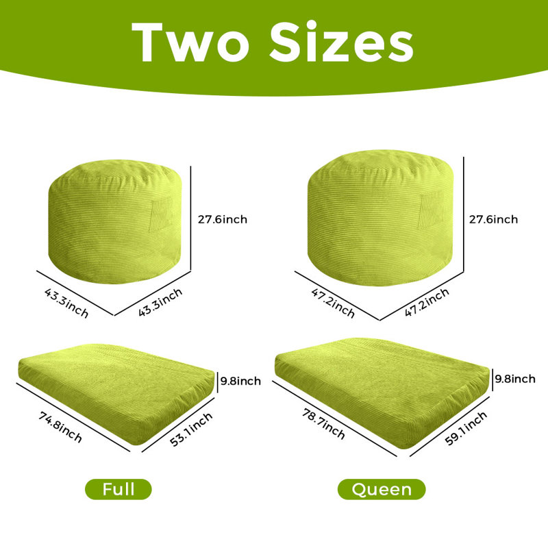 Grand fauteuil à billes et chaise longue, Velours côtelé vert, H 27,6 po x l 43,3 po x 43,3 po